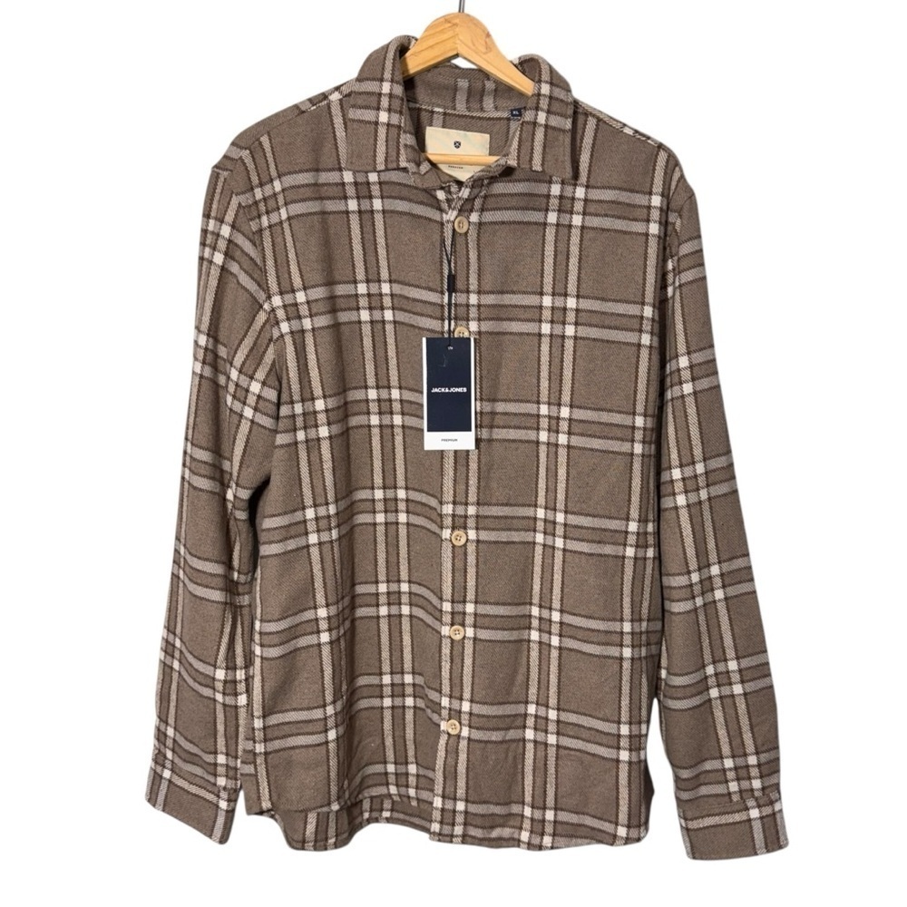 Jack & Jones Plaid Brown Wool Button Down Shirt Size XL NWT Shacket